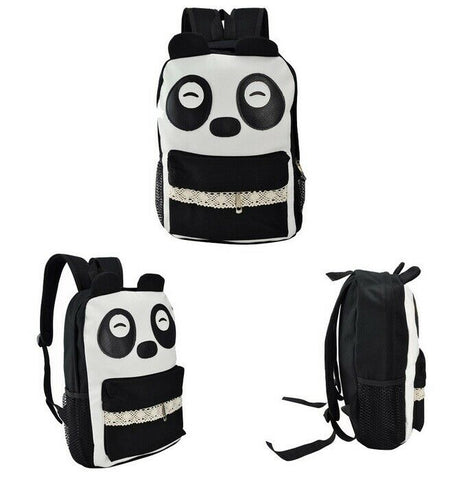 White Faux PU Leather Kawaii Panda Face Backpack Bag With Lace Pocket Trim