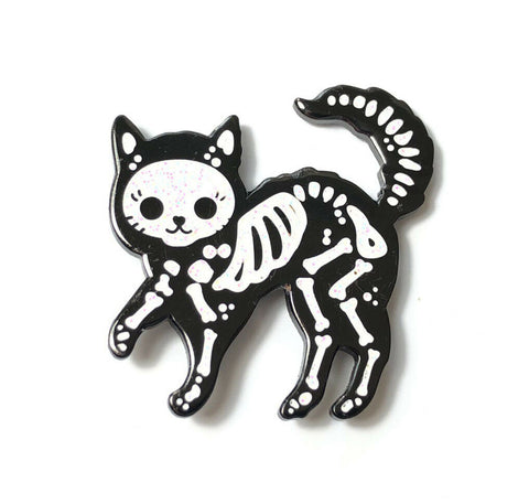 Kitty Cat Skeleton Bones Glitter White and Black Kitten Enamel Pin Badge