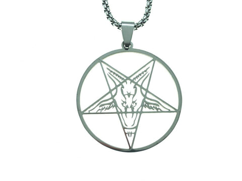 Baphomet Pentagram Gloss Silver Chrome Metal Gothic Pendant Necklace
