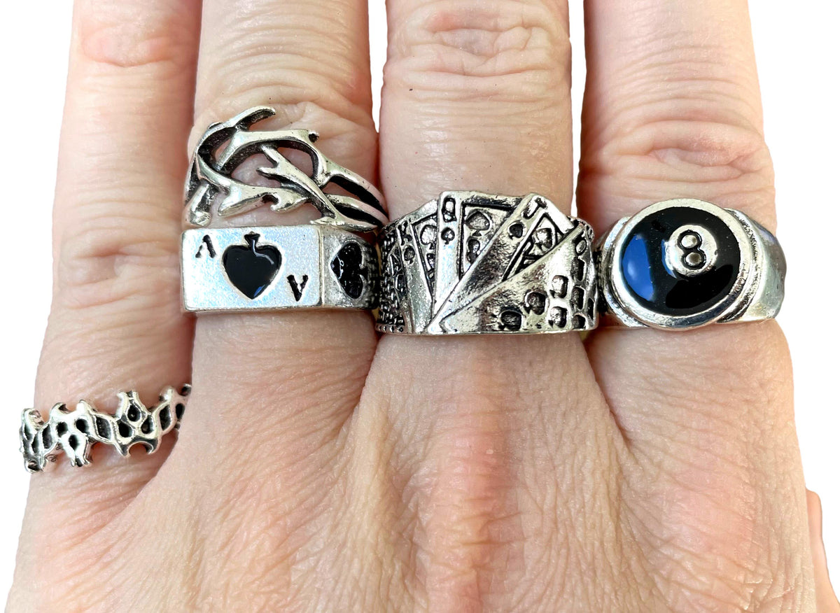 5 x Poker Ace of Spade 8 Ball Silver Playing Cards Ring