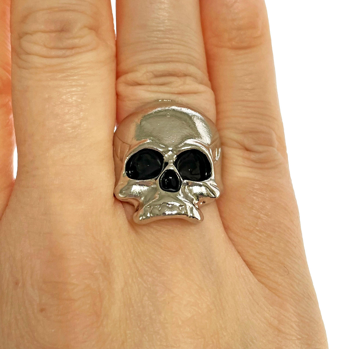 Silver Chrome Skull Skeleton Black Eyed Goth Grunge Ring