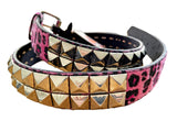 Bullet 69 Pyramid Studded 2 Row Chrome Studs Faux Fur Pink Leopard Print Belt