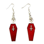 Red Glass Effect Coffin Spider Cross Goth Earrings Metallic Dangle Drop Emo