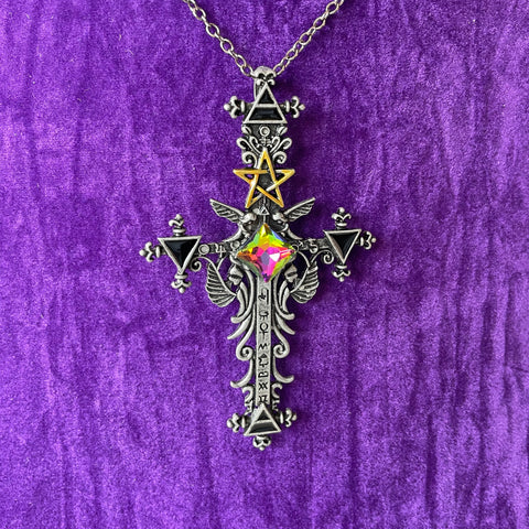 Gothic Cross Pentagram Holographic Gem Pendant Necklace