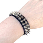 Mini Silver Conical Stud Spiked Black Vegan Leather Wrist Cuff Wristband
