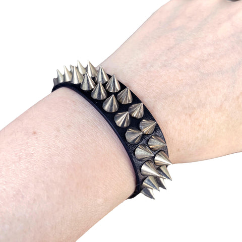 Mini Silver Conical Stud Spiked Black Vegan Leather Wrist Cuff Wristband