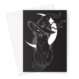 Black Witches Cat Hissing In Hat Crescent Moon Greeting Card