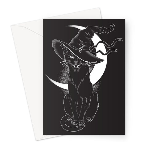 Black Witches Cat Hissing In Hat Crescent Moon Greeting Card