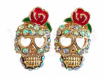 Sugar Skull Gold Coloured Diamante Studs Earrings Sparkling Rose Pair