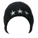 Black With White Embroidered Stitched Trio of Triple Stars Beanie