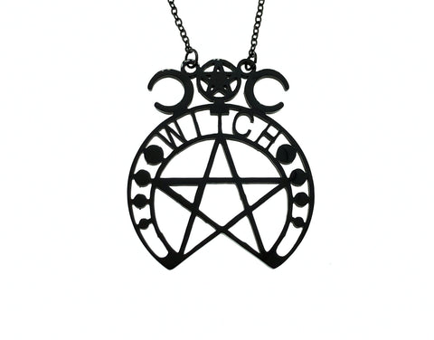 Pentagram Witch Black Satanic Gloss Metal Necklace Pendant Black Chain
