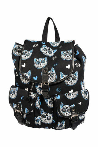 Banned Apparel Blue Kitty Cat Sugar Skull Backpack Bag