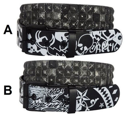 Black and White Graffiti / Tattoo Style Belt With Black Distressed Studs