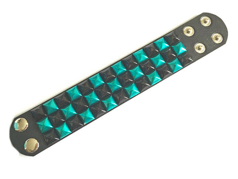 Turquoise / Teal Blue & Black Checked Studded Wrist Cuff Wristband Pyramid Stud