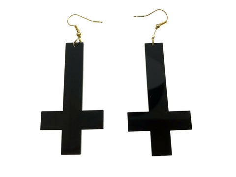 Upside Down Inverted Cross Gloss Black Satanic Devil Earrings