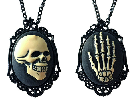 Skull Skeleton Hand Black Bone Cameo Necklace Steampunk Goth