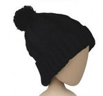 Black Cable Knit Ribbed Beanie with Black Pom Pom Hat Knitted Wooly