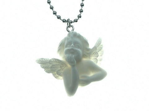 Porcelain Style Cherub Wings Necklace Vintage Baby Pendant Ball Chain