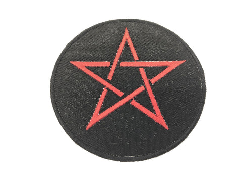 Red Pentagram On Black Circular Background Embroidered Fabric Iron On Patch