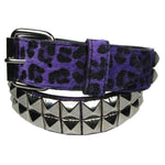 Bullet 69 Pyramid Studded 2 Row Chrome Studs Faux Fur Purple Leopard Print Belt