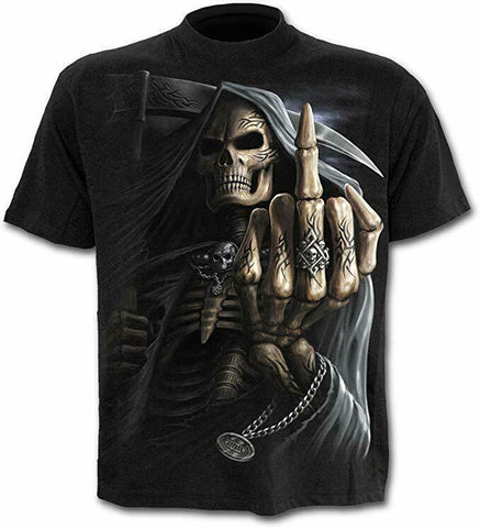 Spiral Direct Bone Finger Middle Swearing Grim Reaper Goth Skeleton Skull T-shir