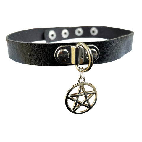Black Pentagram Silver Chrome Choker Charm Pendant Goth Emo Collar