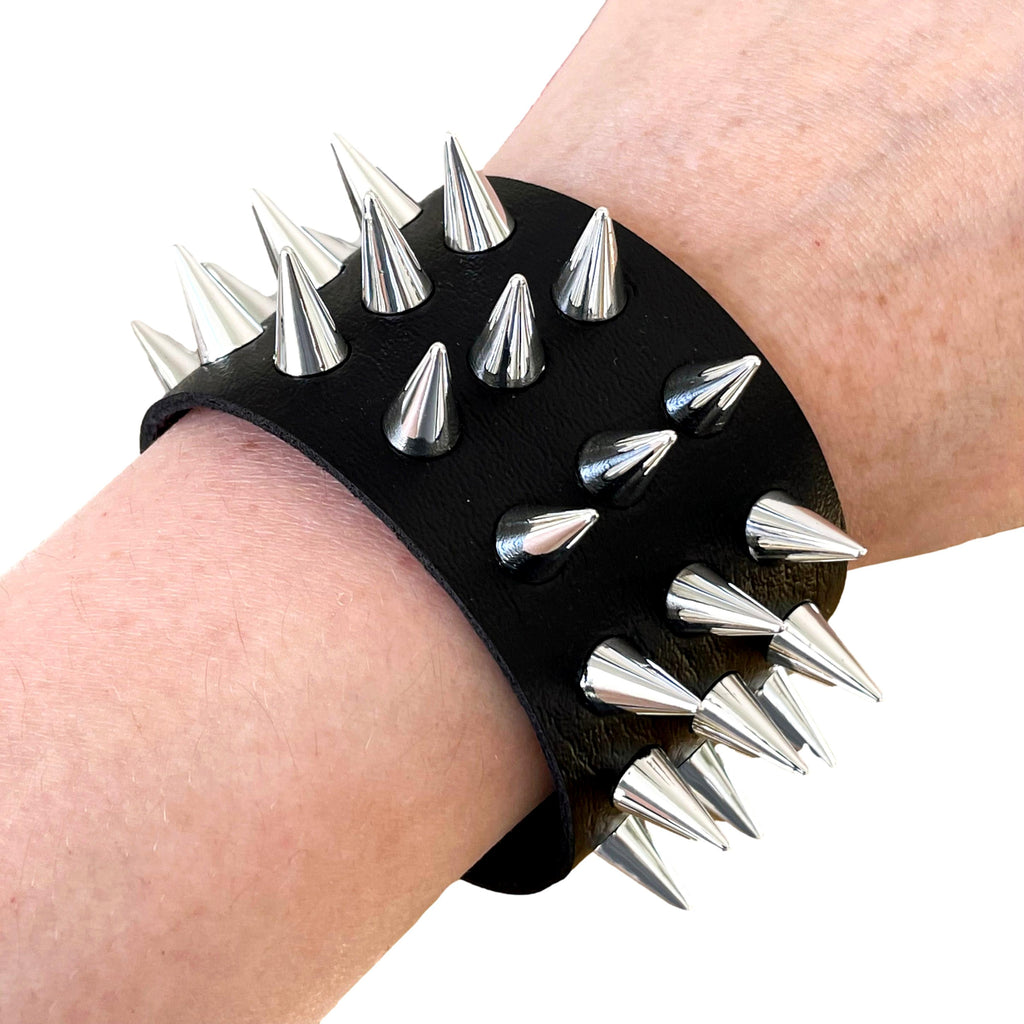3 Row Spiked Spike Cuff Black Brown Chrome Stud Rivets Vegan Leather 4 –  Vicious Malicious