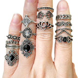 15 Gothic Black Crystal Silver Vintage Goth Ring Bundle Set Collection
