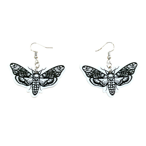 Deaths Head Hawk Moth Tattoo Style Black and White Dangle Drop Earrings