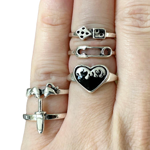 5 x Multi Ring Set Emo Grunge Ring Bundle Collection Heart Dice Goth