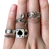 Gothic Ace of Spades Snake Silver Ghost Barbwire Chrome Ring Bundle Set