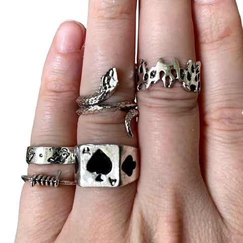 Gothic Ace of Spades Snake Silver Ghost Barbwire Chrome Ring Bundle Set
