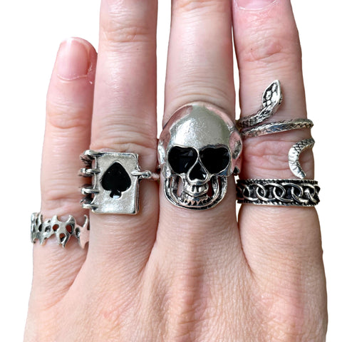 5 x Gothic Ace of Spades Skull Snake Silver Chrome Emo Ring Bundle Set