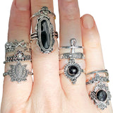 11 x Black Gem Silver Gothic Multi Ring Set Bundle Collection