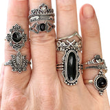 11 x Black Gem Silver Gothic Lotus Crown Multi Ring Set Bundle Collection