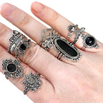 11 x Black Gem Silver Gothic Lotus Crown Multi Ring Set Bundle Collection