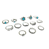 13 x Aquamarine Blue Topaz Gem Lotus Elephant BOHO Multi Ring Set Bundle Collection Turquoise