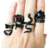 7 x Black Goth Ring Set Bundle Ace of Spades Snake Moth Barbwire Skeleton Frog
