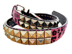Bullet 69 Pyramid Studded 2 Row Chrome Studs Faux Fur Pink Leopard Print Belt