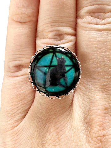 Black Cat Pentagram Glass Domed Witches Goth Ring Gothic Pagan Cats