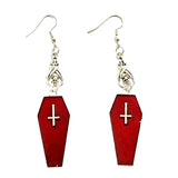 Red Glass Effect Coffin Spider Cross Goth Earrings Metallic Dangle Drop Emo