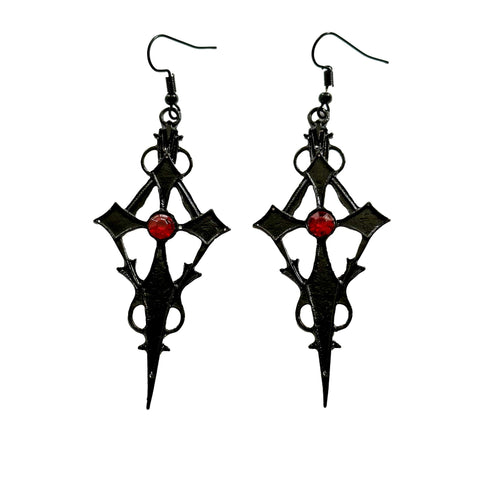 Black Gothic Cross Blood Red Jewel Large Dangle Drop Earrings Goth Emo
