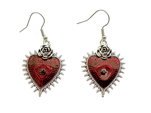 Red Ouija Planchette Heart Third Eye Rose Dangle Gothic Earrings Goth