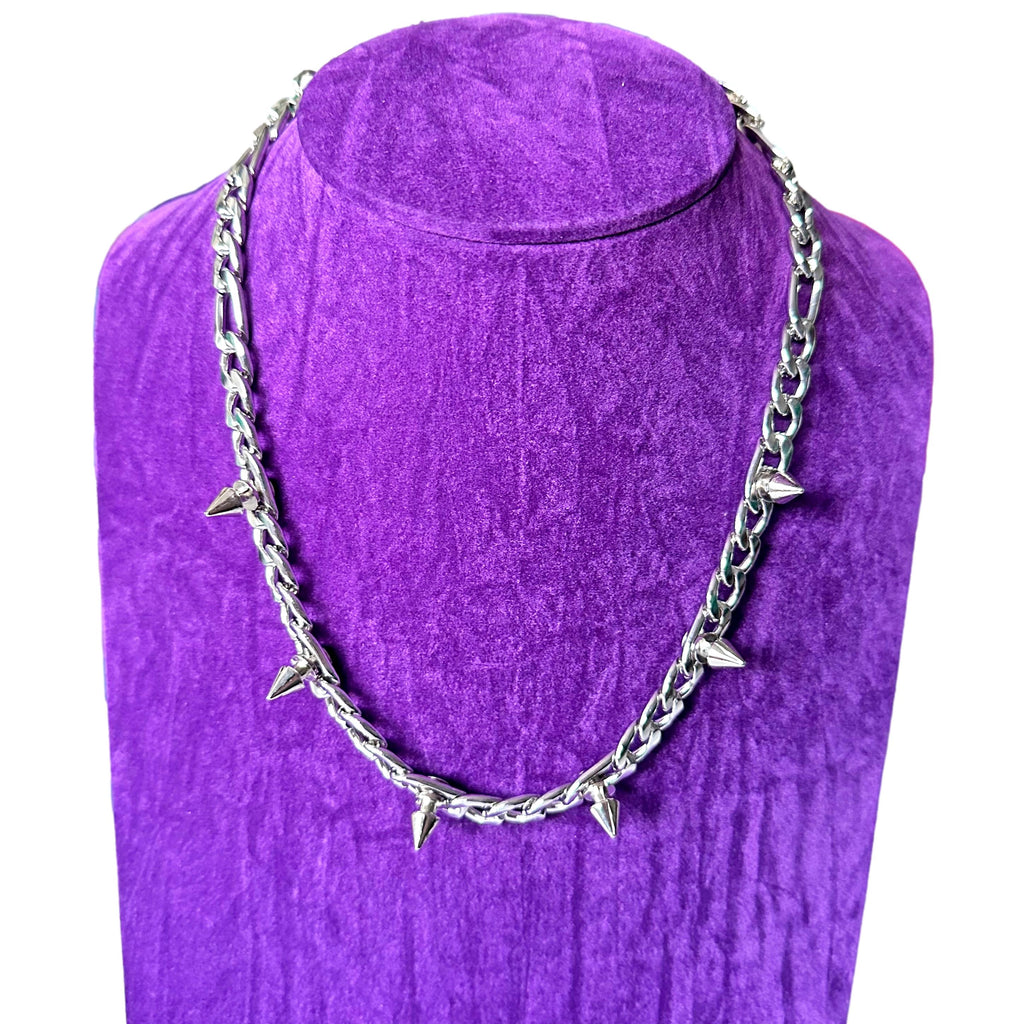 Spiked Studded Silver Curb Link Industrial Padlock Chain Necklace
