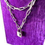 Industrial Silver Metal Triple Chain Cross Working Padlock Necklace Key