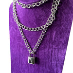 Industrial Silver Metal Triple Chain Cross Working Padlock Necklace Key