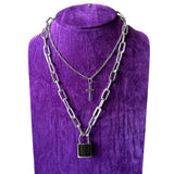 Industrial Silver Metal Double Chain Cross Working Padlock Necklace