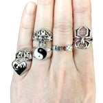 6 x Skull Flaming Heart Spider Ying & Yang Dice Ring Bundle