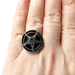 Baphomet Pentagram Smooth Satanic Cross Black Devil Sovereign Black Silver Ring