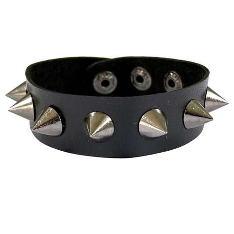 Conical Grey Metal Studded Black Single Row Emo Cuff Bracelet